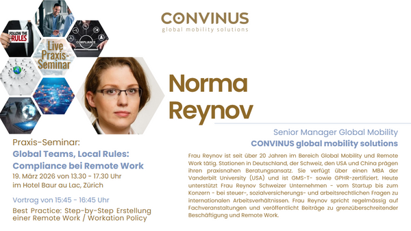 Global Teams, Local Rules: Compliance bei Remote Work - 19. März 2026 von 13.30 - 17.30 Uhr + Networking-Apéro bis 19 Uhr, im Hotel Baur au Lac, Zürich
