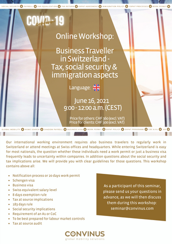 Recording online Workshop: Business Traveller in Switzerland - Tax, social security & immigration aspects